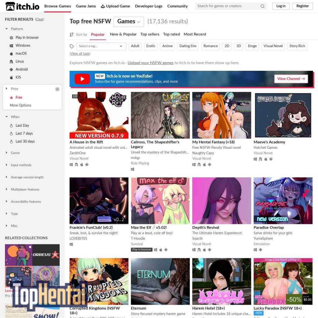 Itch.io NSFW homepage screenshot